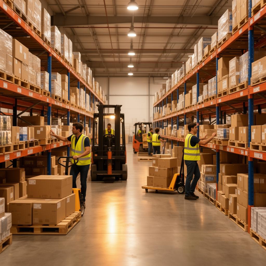 Modern warehouse with workers organizing inventory